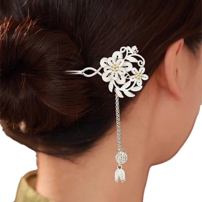 New Chinese-style 925 Silver Flower-and-Butterfly Tassel Hairpin For Women