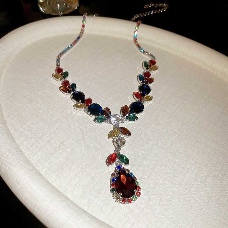 Leaf Zircon Waterdrop Earring And Necklace Set