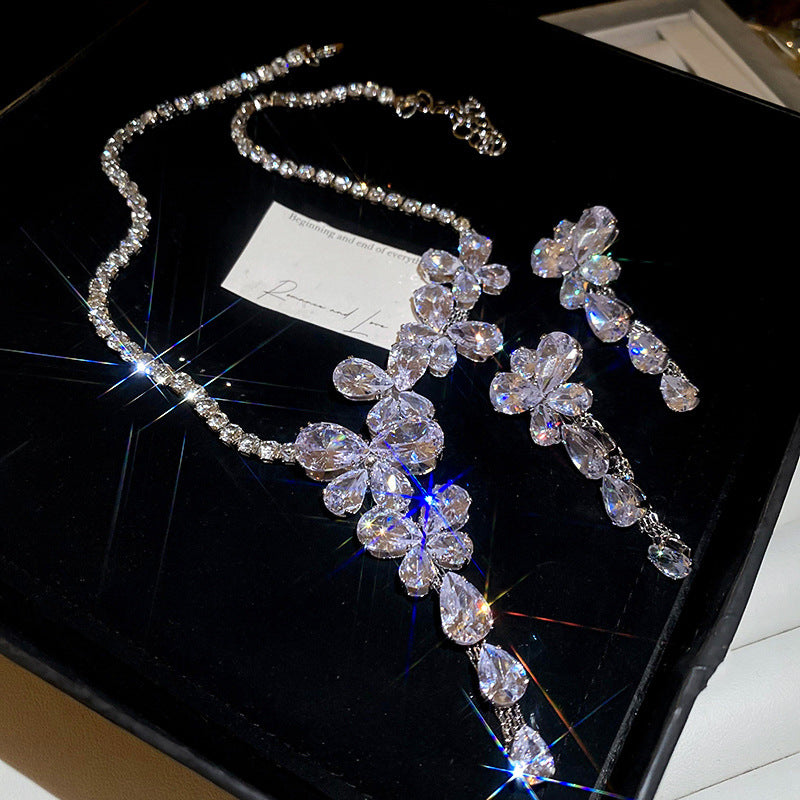 Silver Needle Zircon Butterfly Tassel Earrings And Necklace Set