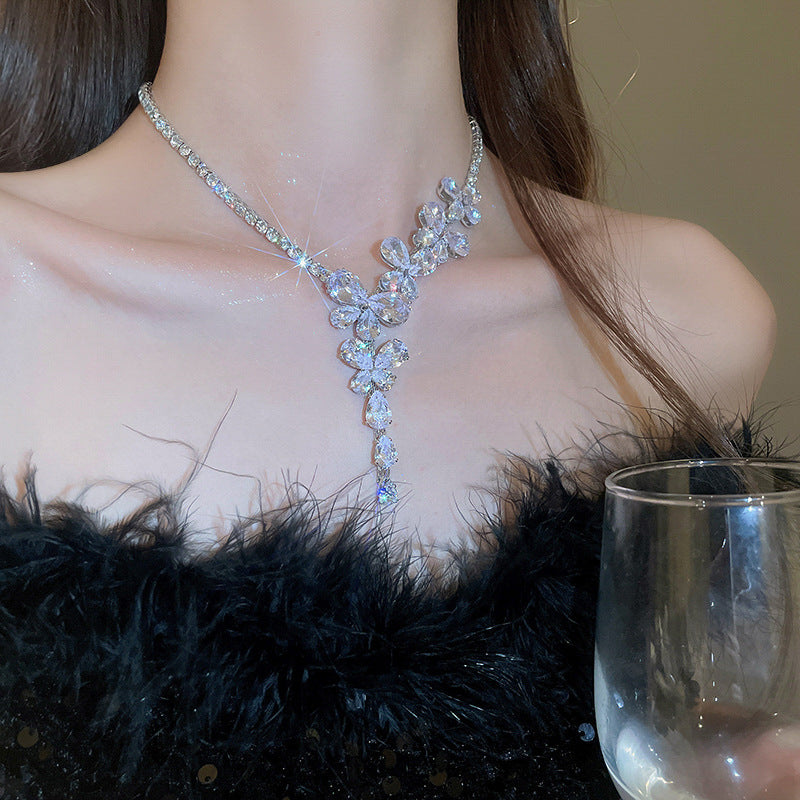 Silver Needle Zircon Butterfly Tassel Earrings And Necklace Set