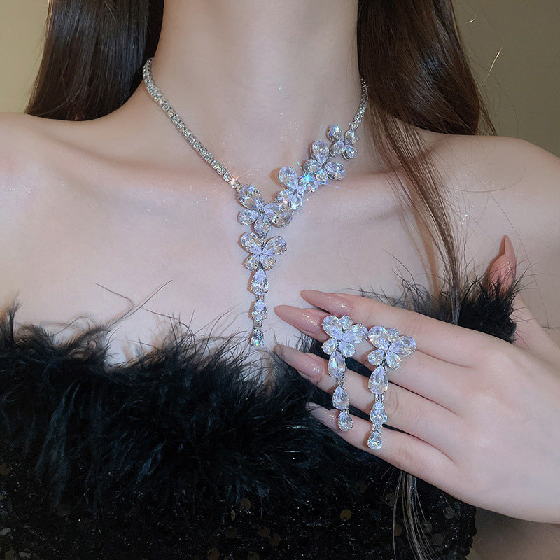 Silver Needle Zircon Butterfly Tassel Earrings And Necklace Set