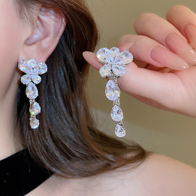 Silver Needle Zircon Butterfly Tassel Earrings And Necklace Set