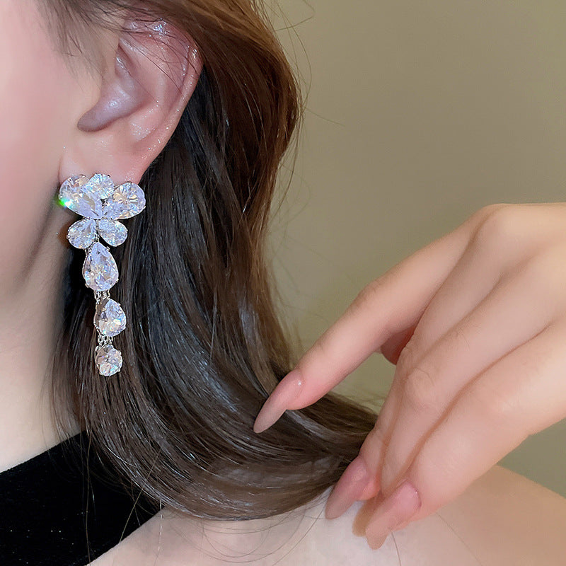 Silver Needle Zircon Butterfly Tassel Earrings And Necklace Set