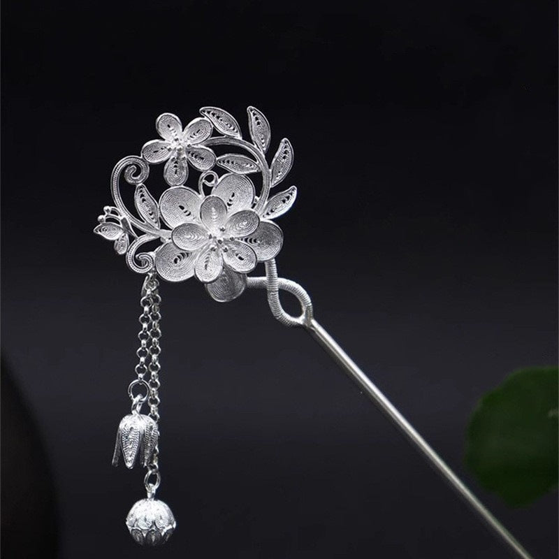 New Chinese-style 925 Silver Flower-and-Butterfly Tassel Hairpin For Women