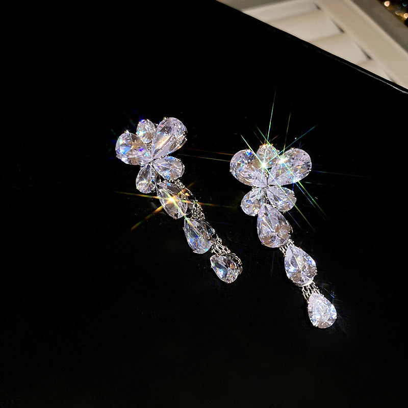 Silver Needle Zircon Butterfly Tassel Earrings And Necklace Set